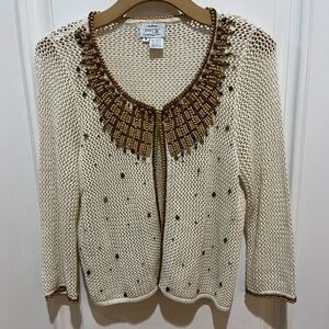 Just B Open Cream Cardigan 3/4 Sleeve Crochet Wooden Beaded Sequins Medium